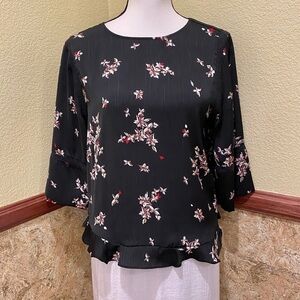APT 9 Petite Med Black Floral Top Blouse Shirt Ruffle Hem Flowy 3/4 Sleeves